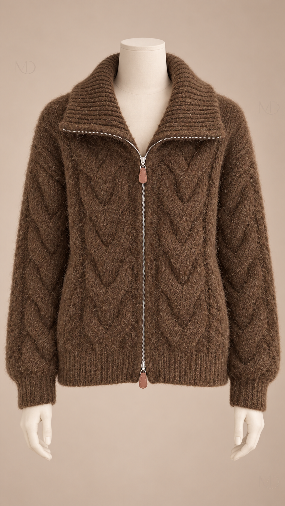 Sienna Cable Knit Zip Jacket — coffee mannequin front