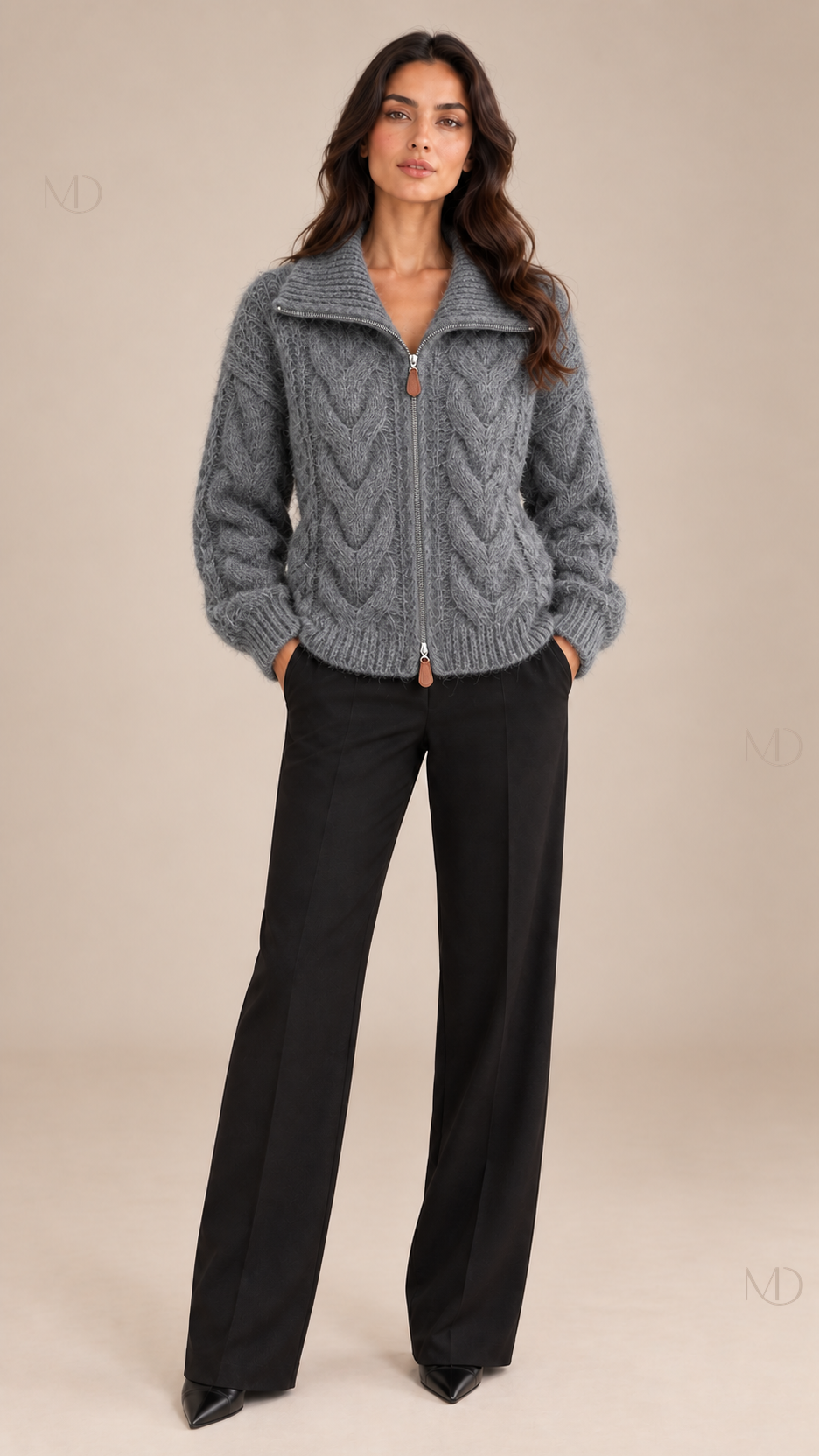 Sienna Cable Knit Zip Jacket — gray model front