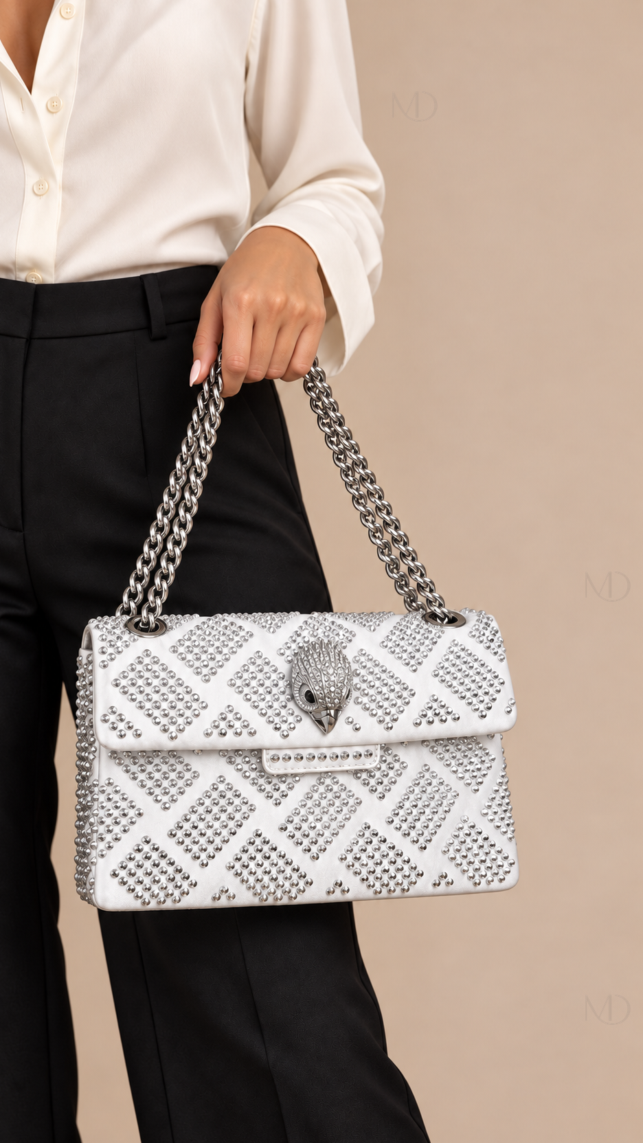 Sienna Crystal Velvet Crossbody — white model closeup