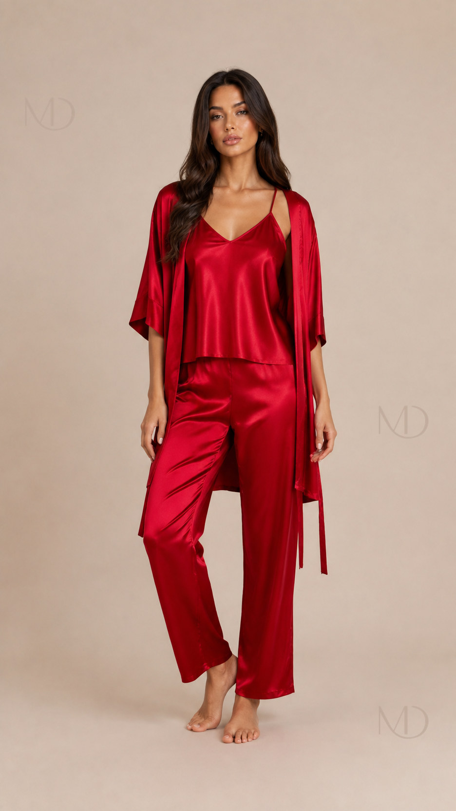 Elowen Satin Pajama Set in red — model view