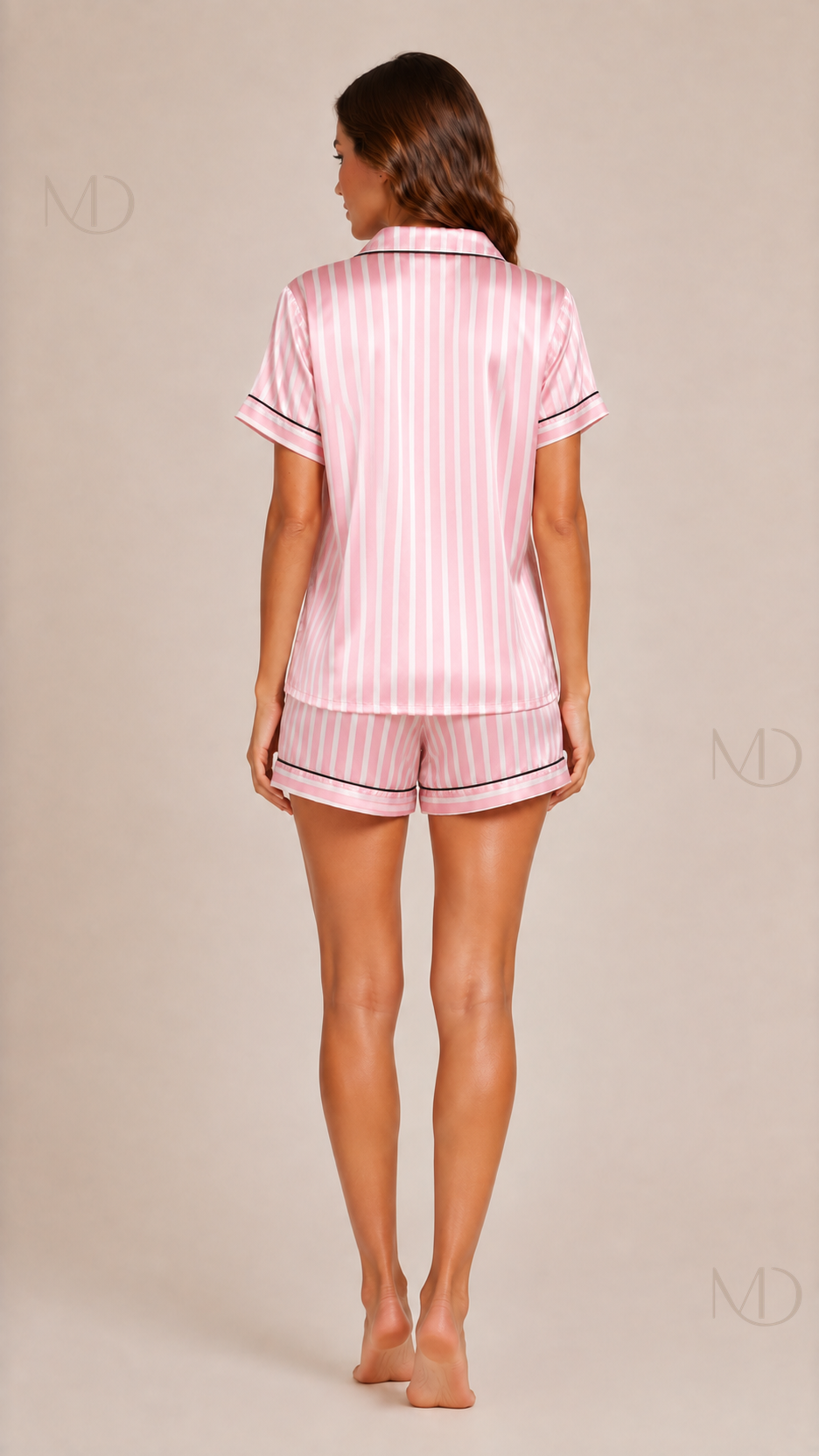 Satin Short Pajama Set — pink stripe — back model view