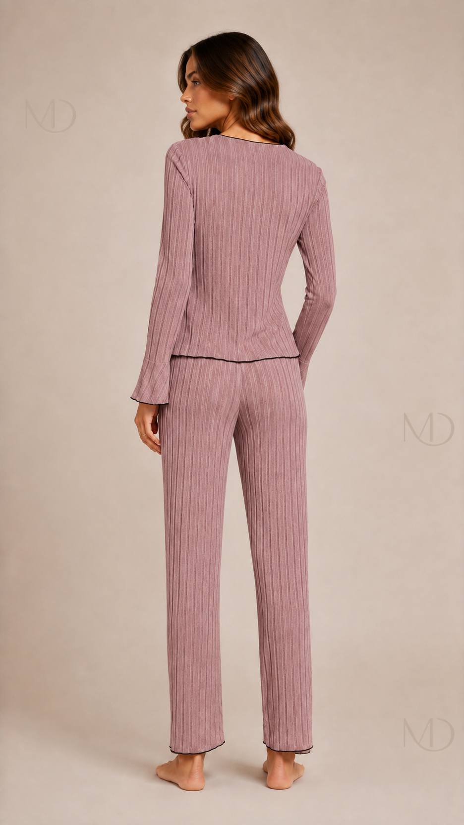 Maren Ribbed Pyjama Set — dusty pink — back model view