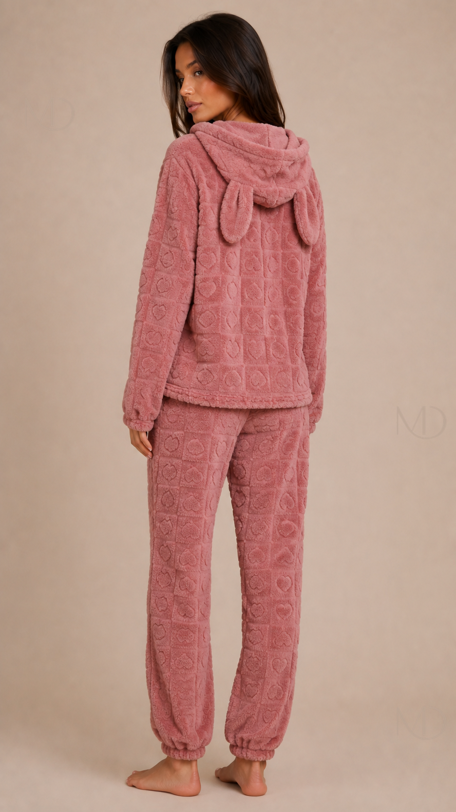 Bijou Heart Hooded Pyjamas — dusty rose — back model view