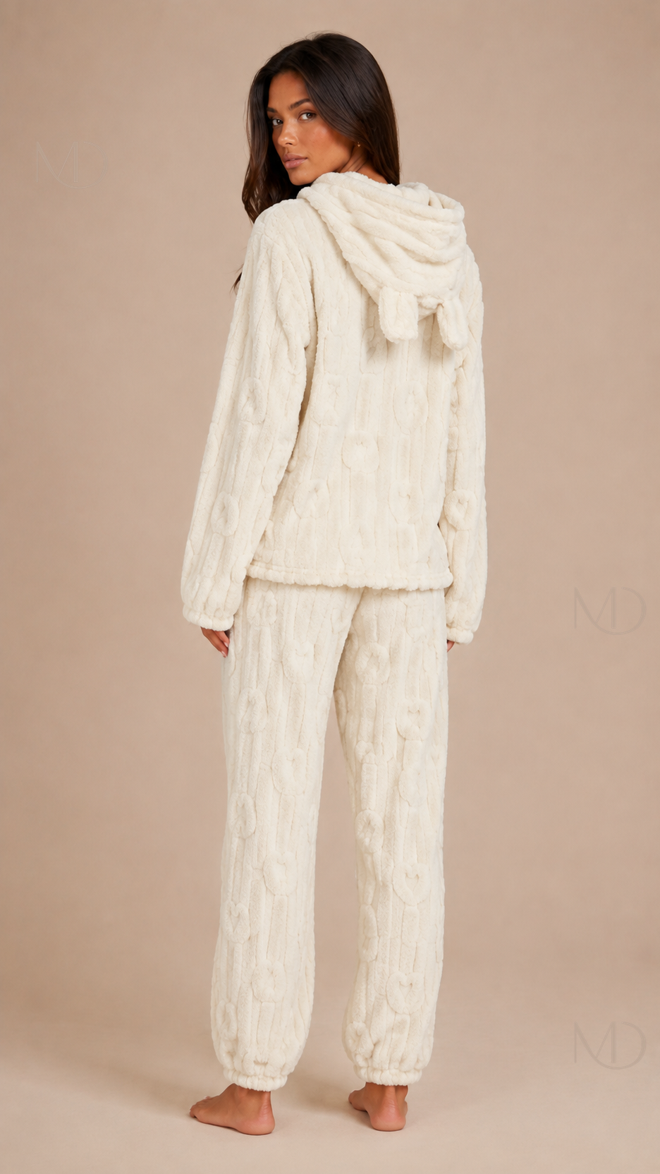 Bijou Heart Hooded Pyjamas — white heart — back model view