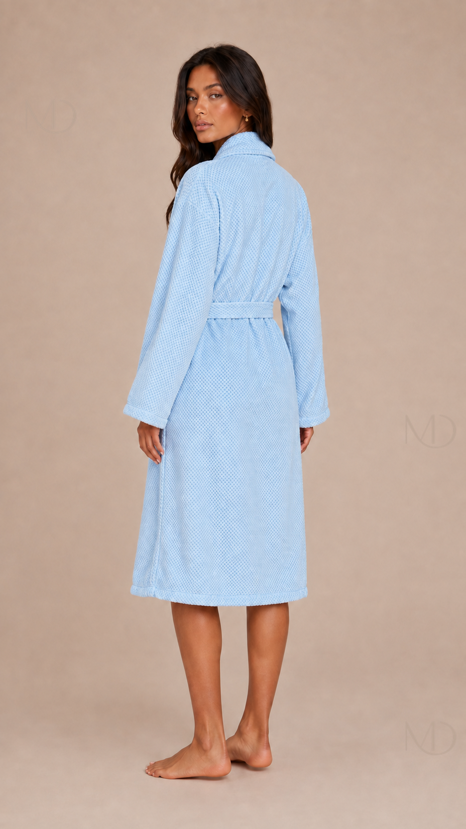 Noelle Waffle Bath Robe — blue — back model view