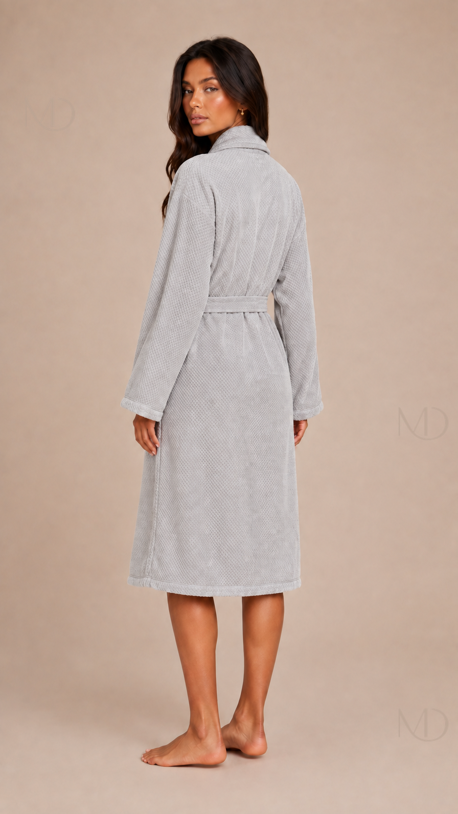 Noelle Waffle Bath Robe — gray — back model view