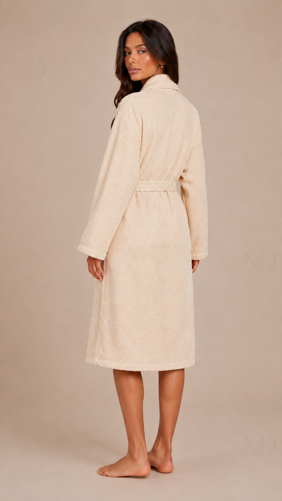 Noelle Waffle Bath Robe — khaki — back model view