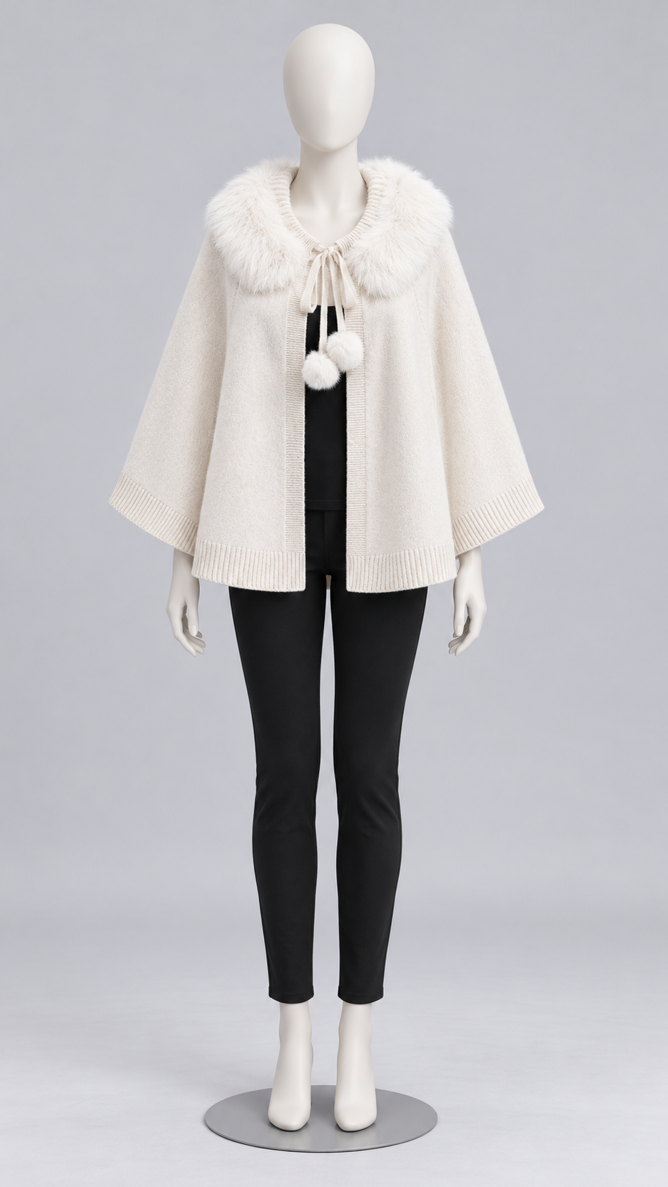 Zelie Pom-Pom Cape — Milky white mannequin front