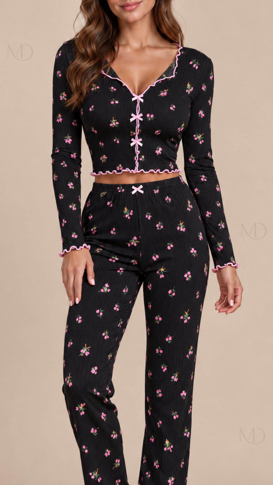 Mira Floral Rib Pajama Set Black background floral detail close-up