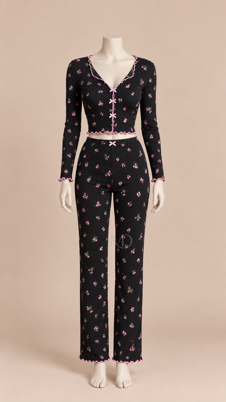 Mira Floral Rib Pajama Set Black background floral mannequin front
