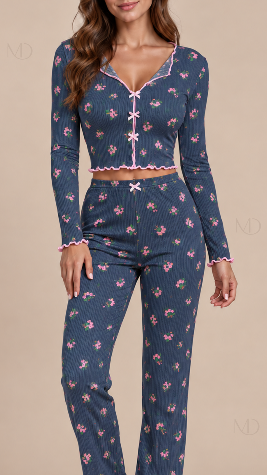Mira Floral Rib Pajama Set Floral print on blue background detail close-up