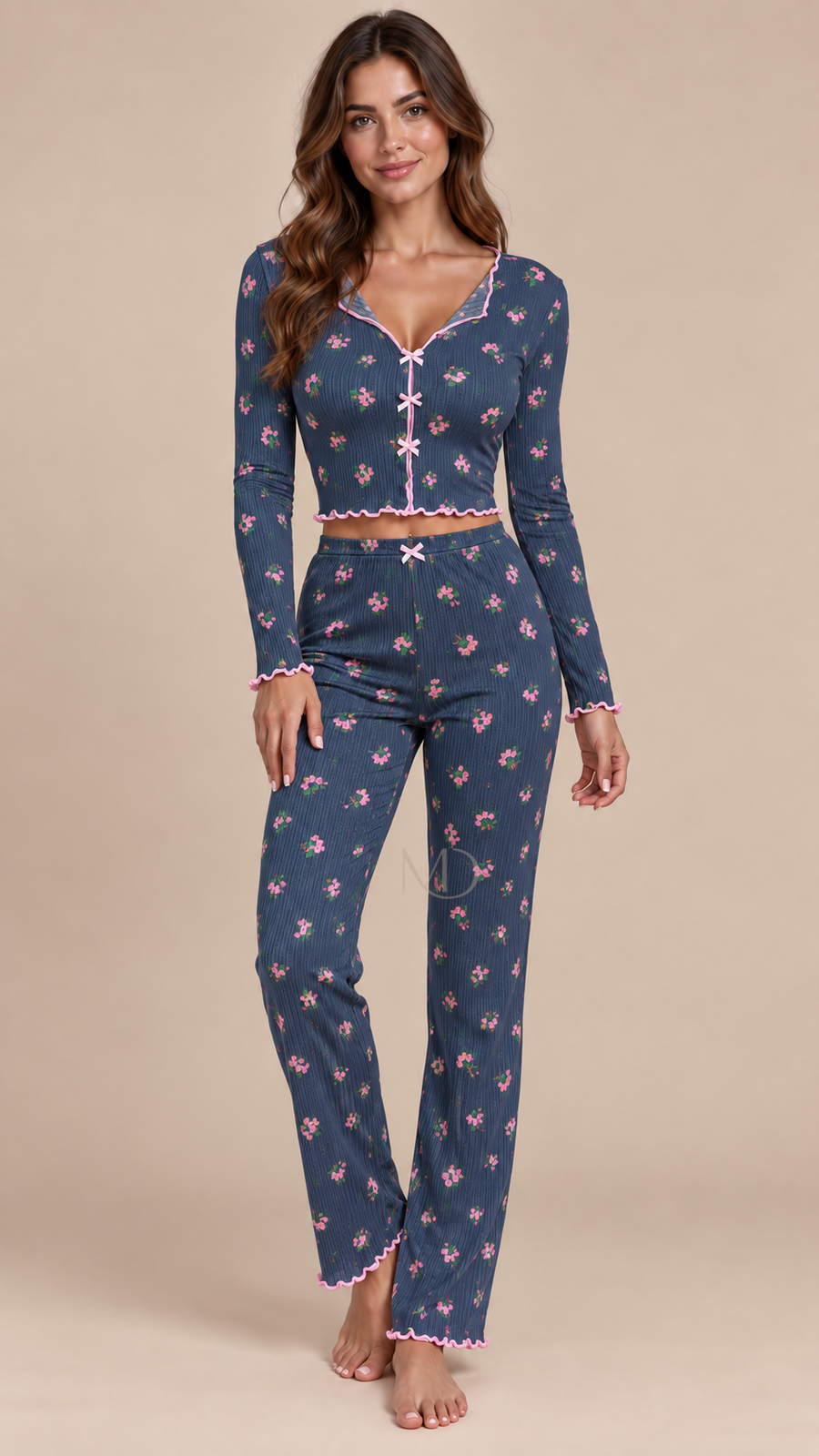 Mira Floral Rib Pajama Set Floral print on blue background model front