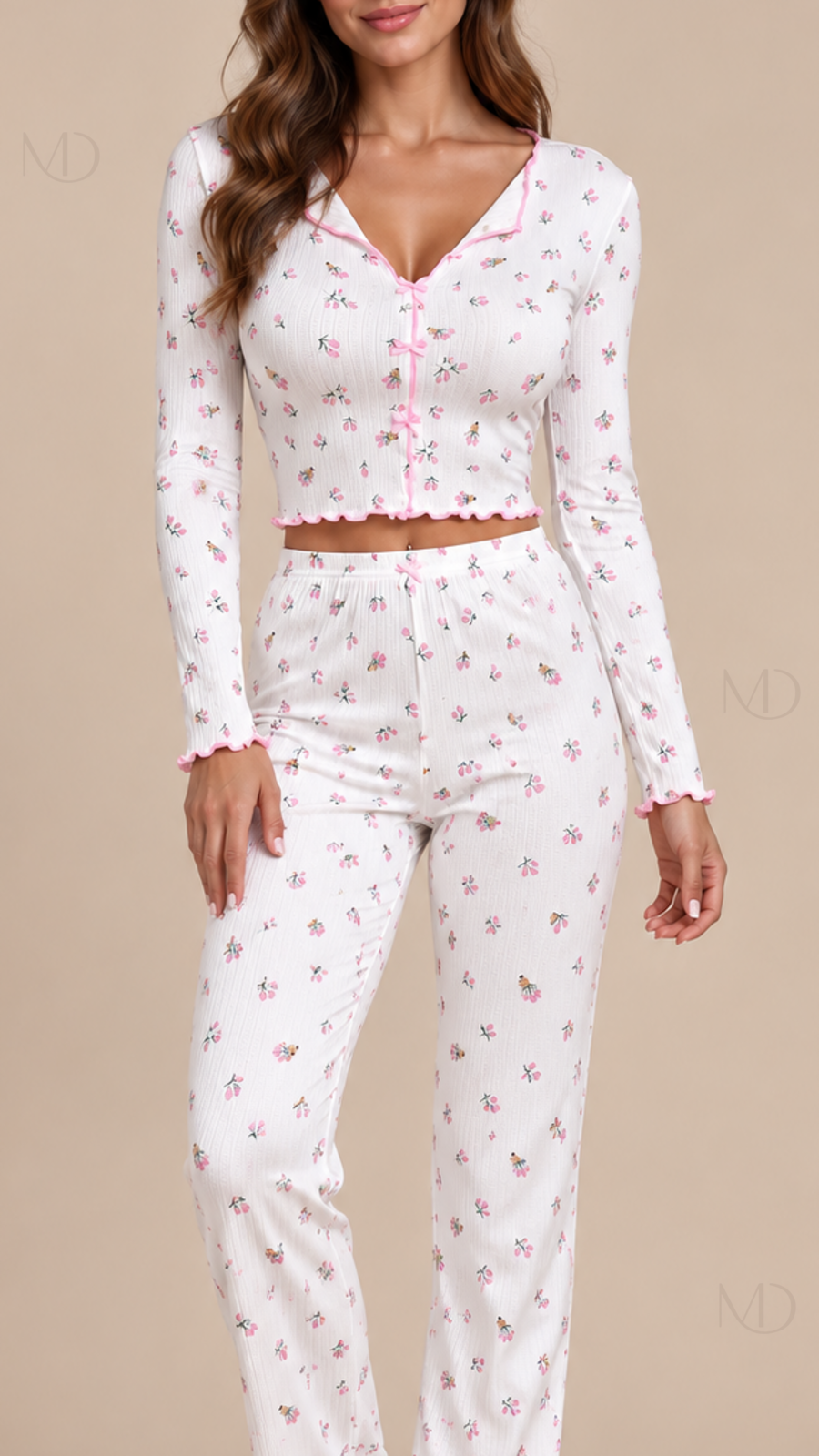 Mira Floral Rib Pajama Set Floral print on white background detail close-up