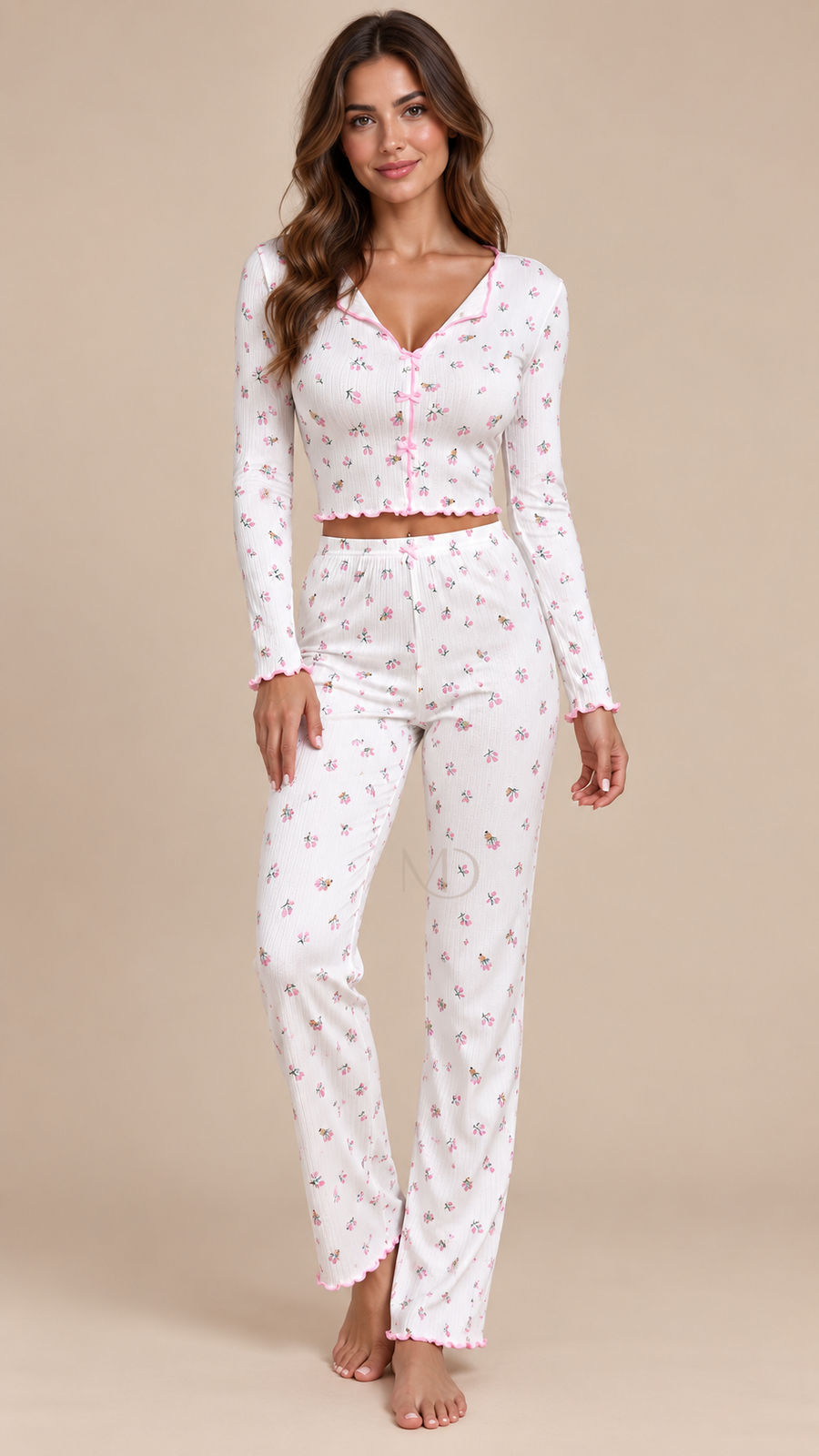 Mira Floral Rib Pajama Set Floral print on white background model front