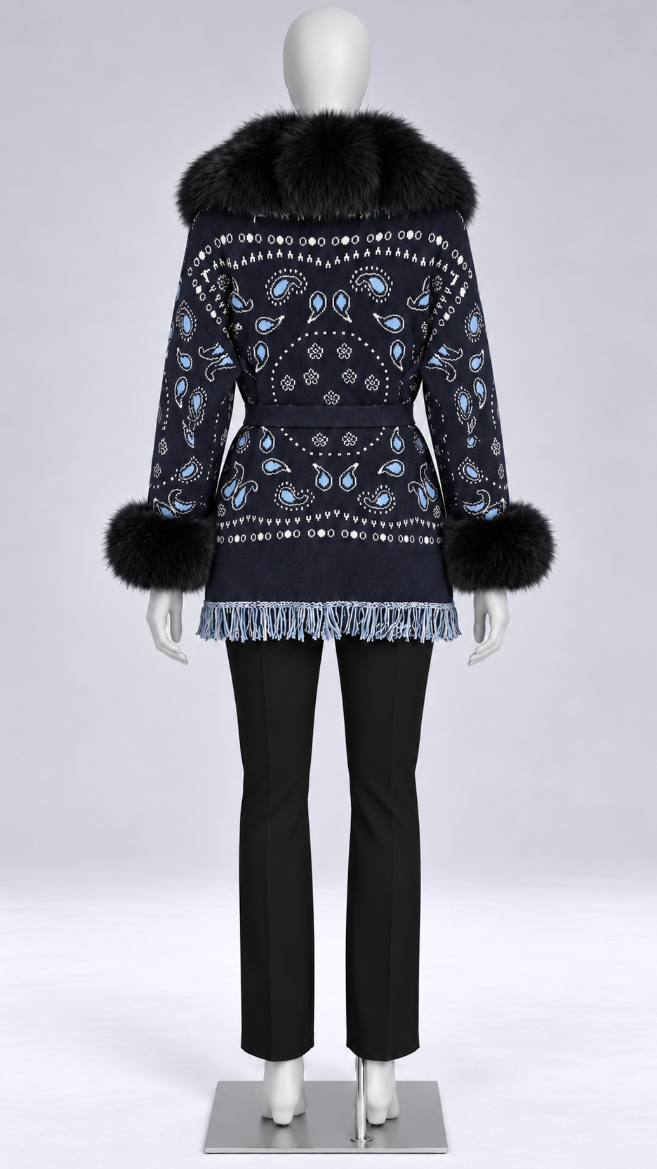 Romilly Paisley-Fringe Cardigan — Navy + Black Fur mannequin back