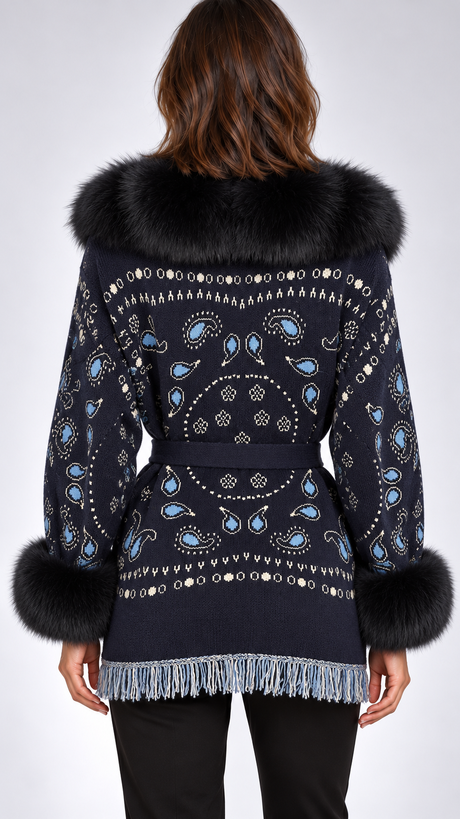 Romilly Paisley-Fringe Cardigan — Navy + Black Fur model back