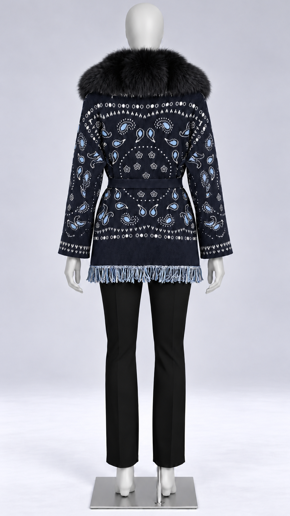 Romilly Paisley-Fringe Cardigan — Navy + Black Fur No Cuffs mannequin back