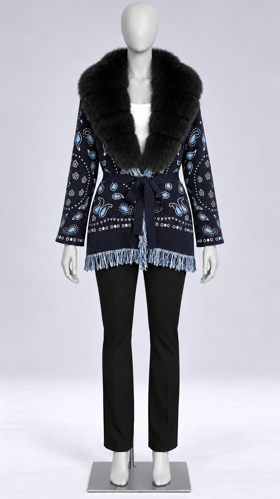 Romilly Paisley-Fringe Cardigan — Navy + Black Fur No Cuffs mannequin front