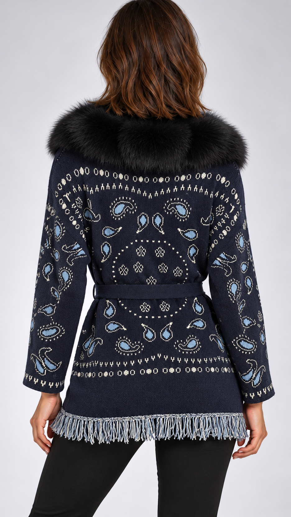 Romilly Paisley-Fringe Cardigan — Navy + Black Fur No Cuffs model back