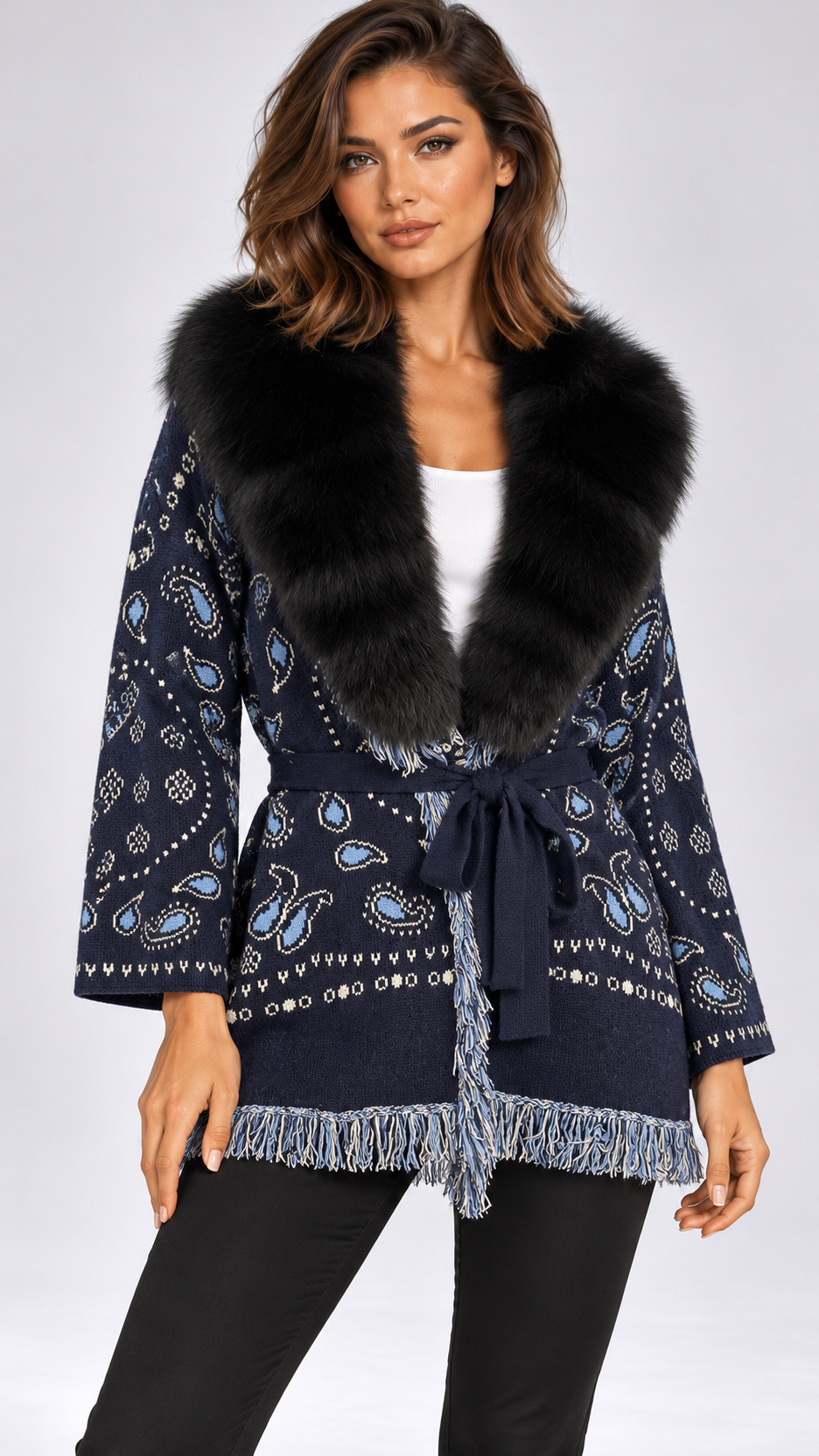 Romilly Paisley-Fringe Cardigan — Navy + Black Fur No Cuffs model front