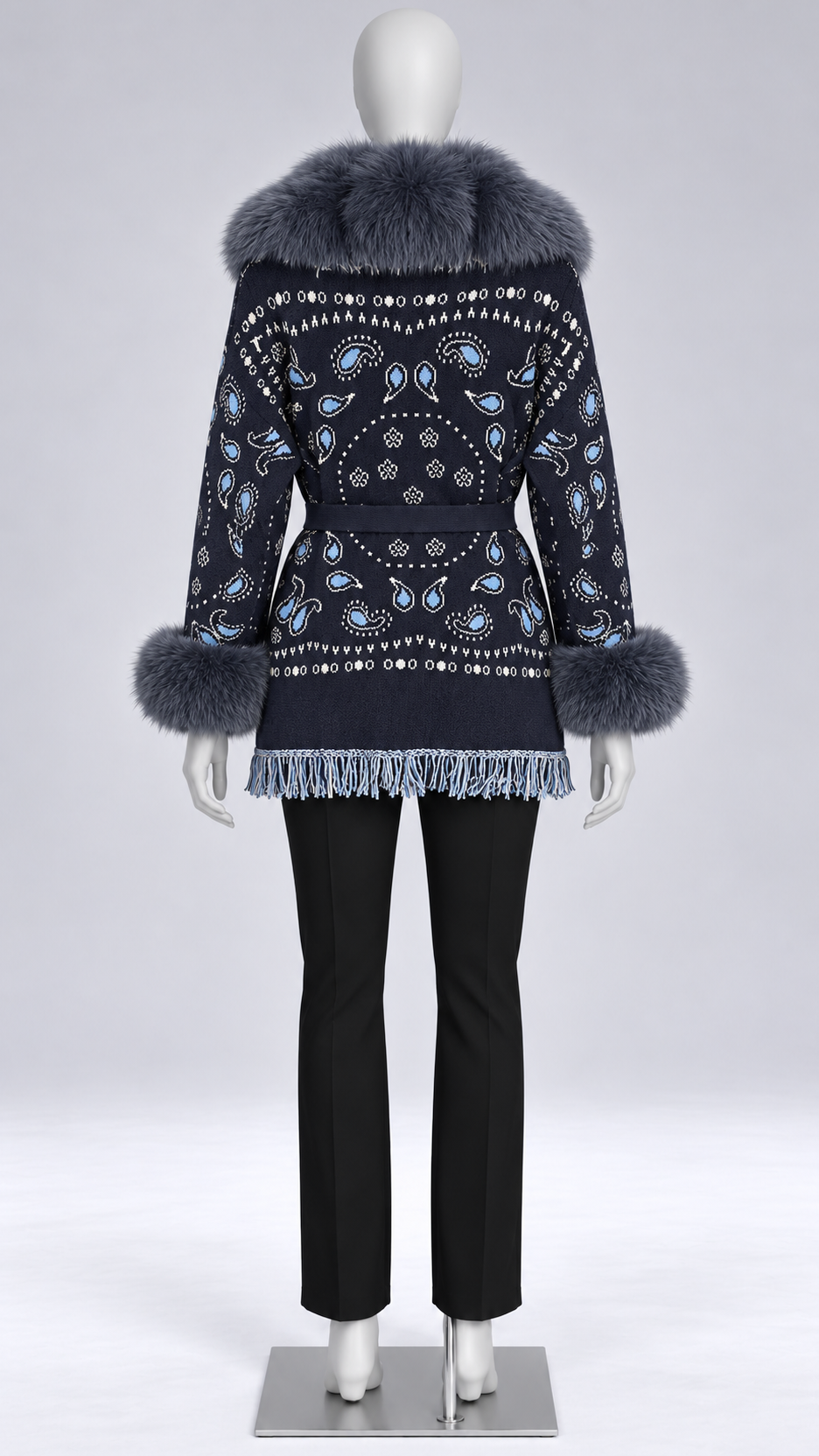 Romilly Paisley-Fringe Cardigan — Navy + Gray-Blue Fur mannequin back