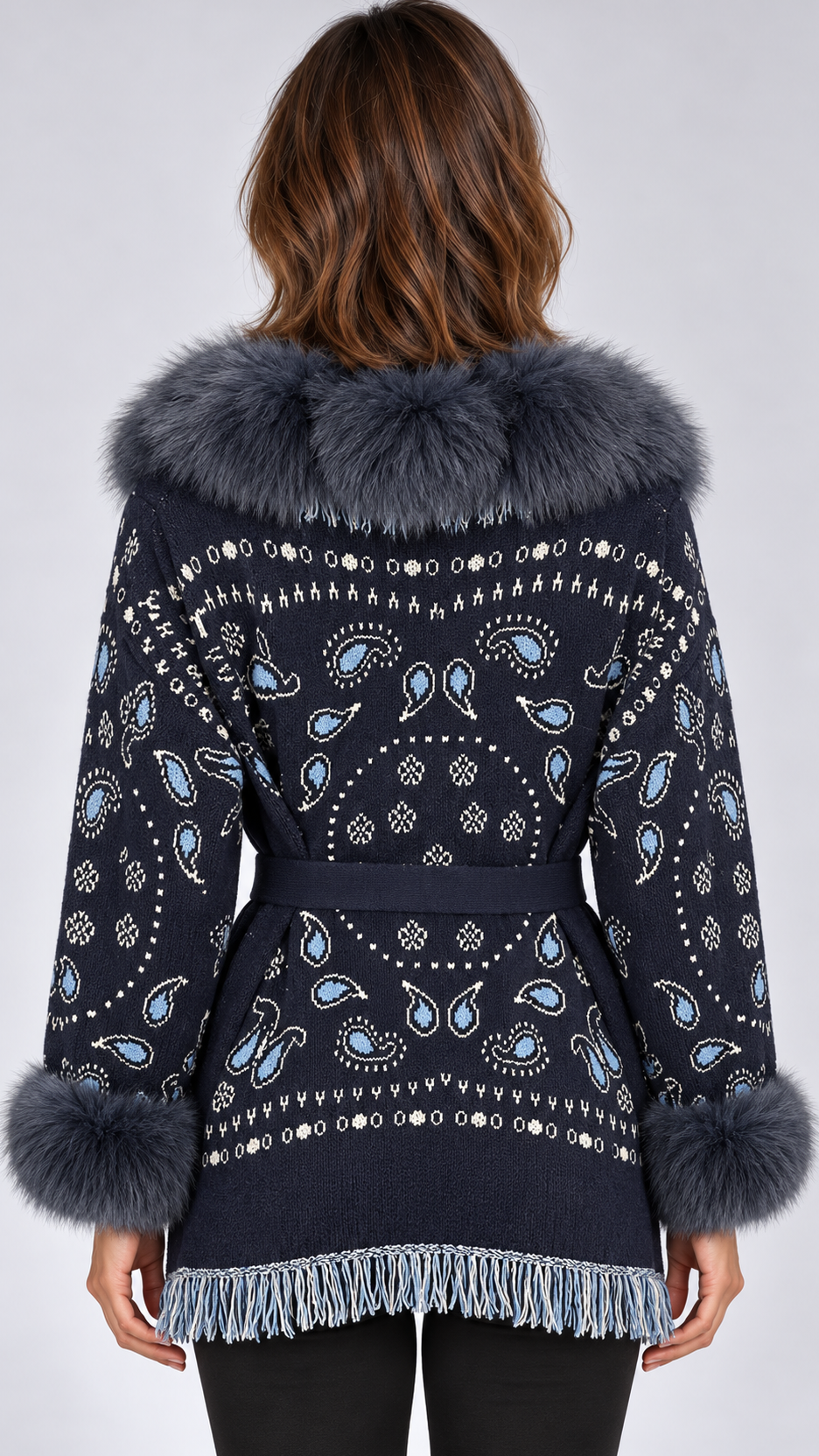 Romilly Paisley-Fringe Cardigan — Navy + Gray-Blue Fur model back