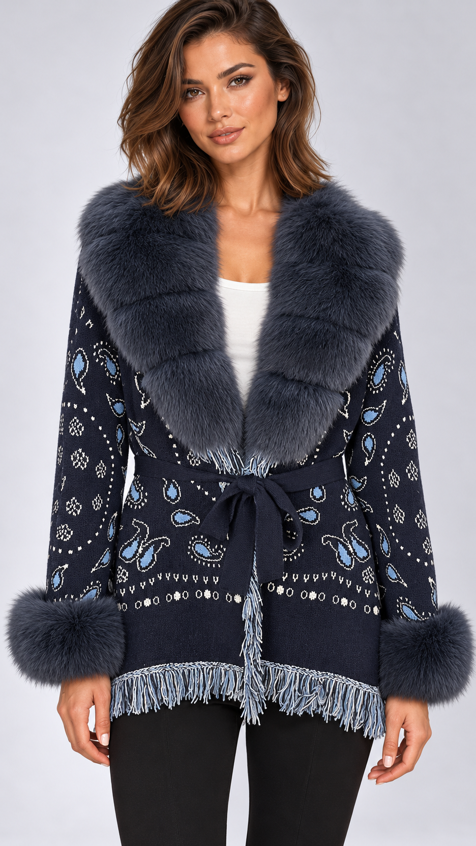 Romilly Paisley-Fringe Cardigan — Navy + Gray-Blue Fur model front