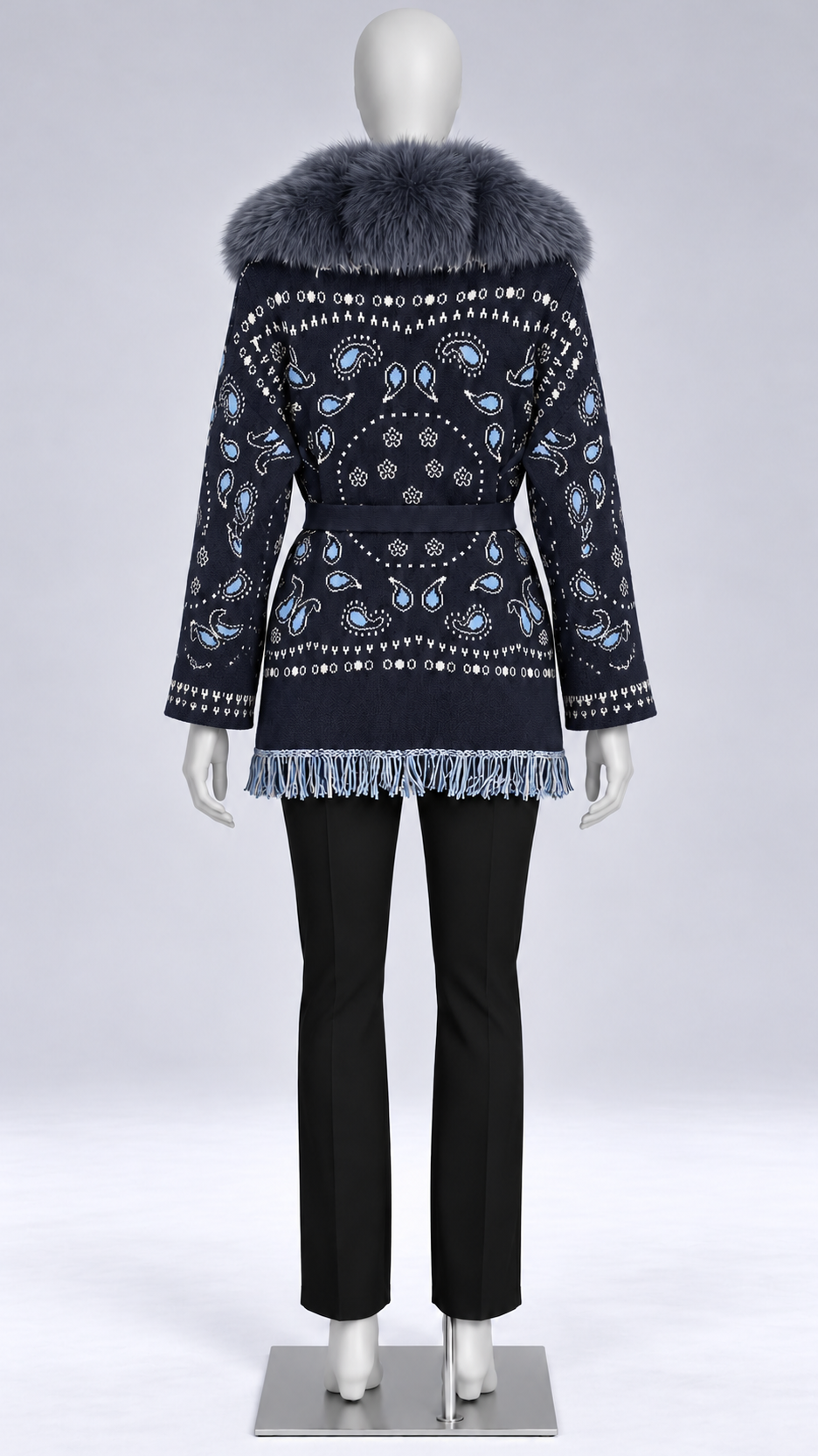 Romilly Paisley-Fringe Cardigan — Navy + Gray-Blue Fur No Cuffs mannequin back