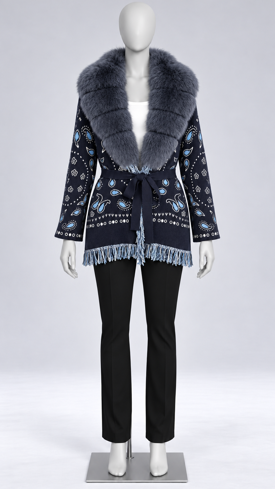 Romilly Paisley-Fringe Cardigan — Navy + Gray-Blue Fur No Cuffs mannequin front