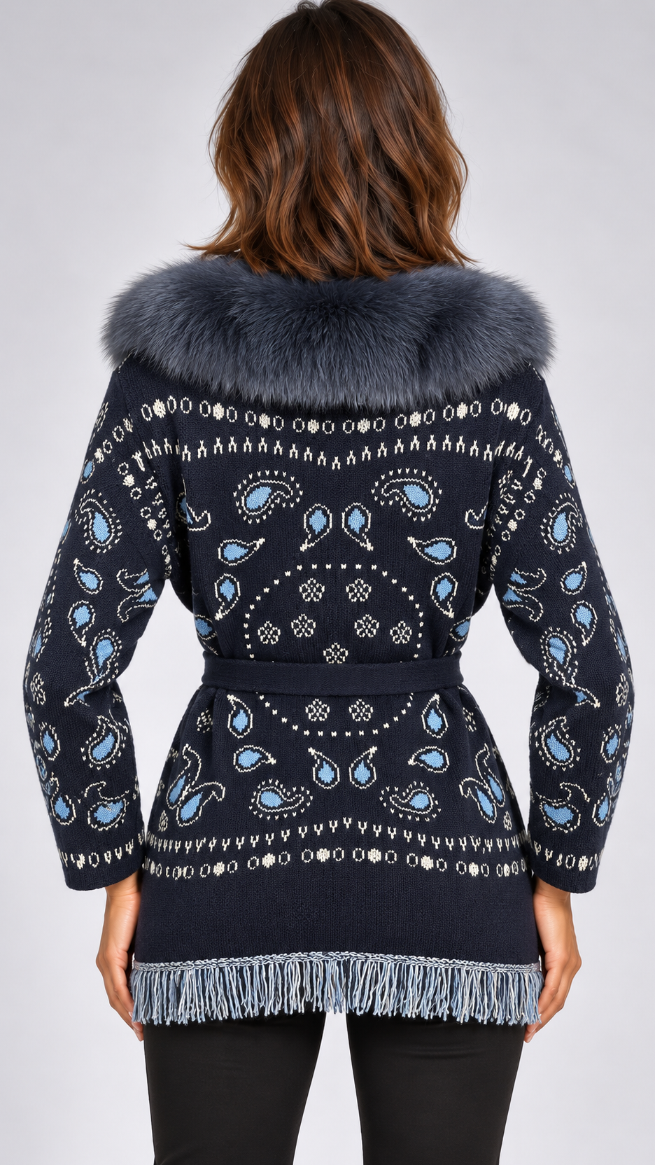 Romilly Paisley-Fringe Cardigan — Navy + Gray-Blue Fur No Cuffs model back