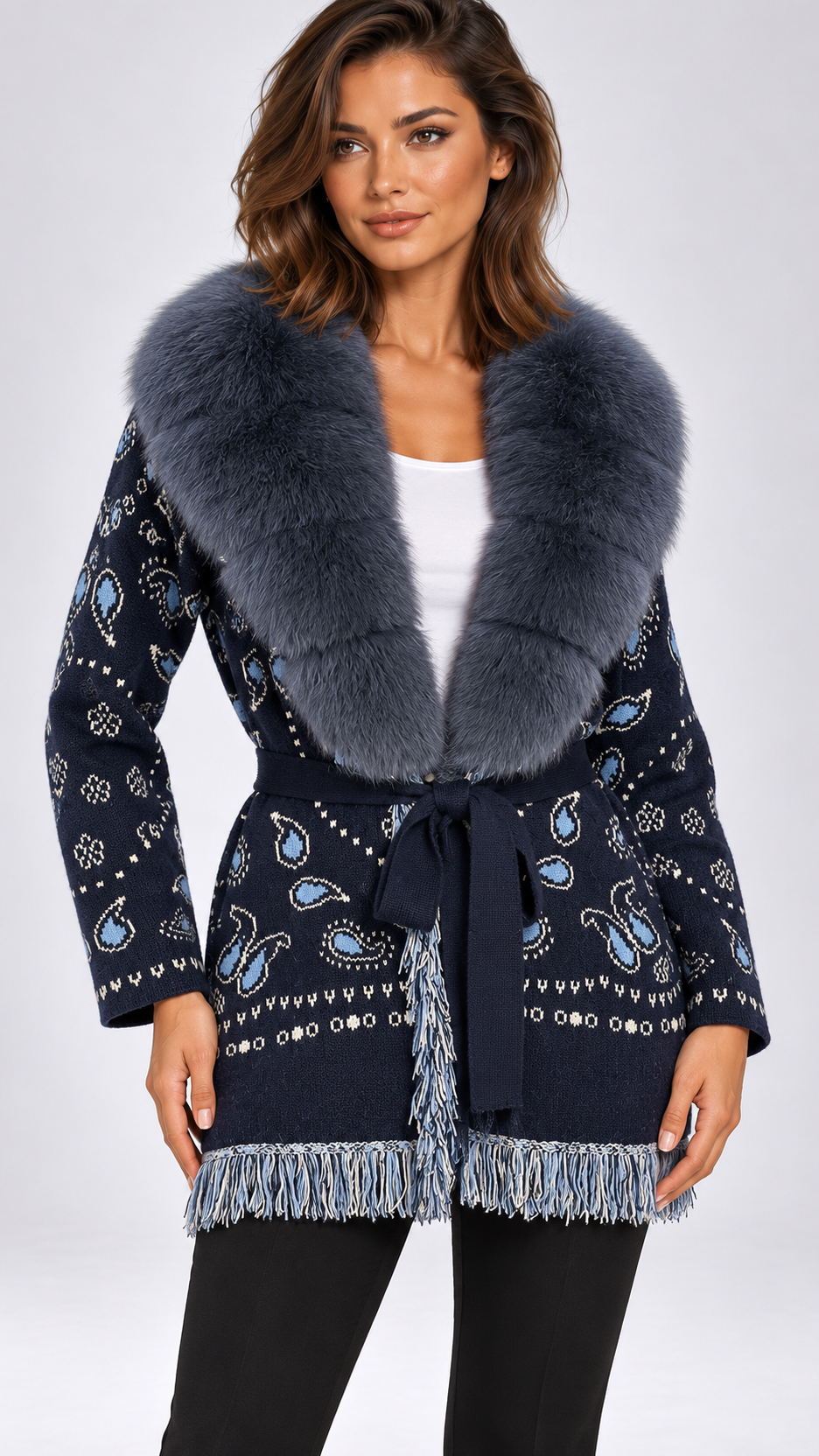 Romilly Paisley-Fringe Cardigan — Navy + Gray-Blue Fur No Cuffs model front