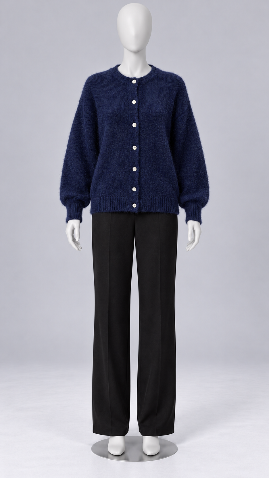 Celestine Shell-Button Cardigan — Navy Blue mannequin front
