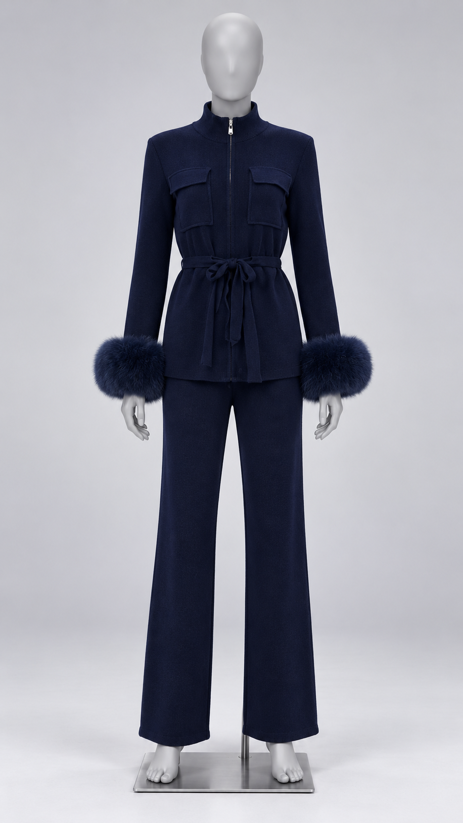 Solveig Tie-Waist Fur Set — Navy blue mannequin front
