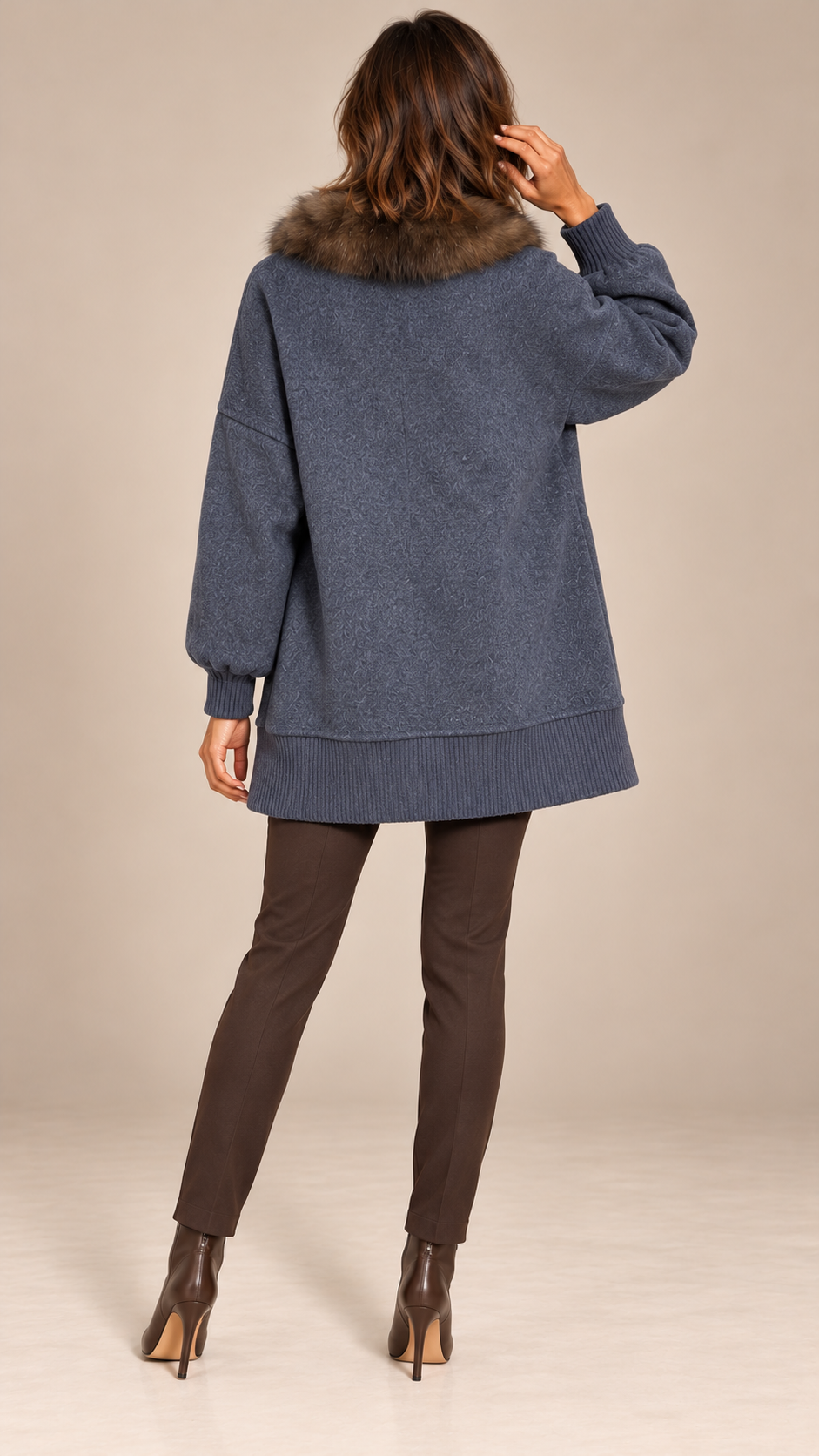 Rhiannon Fur-Placket Coat — Navy blue model back