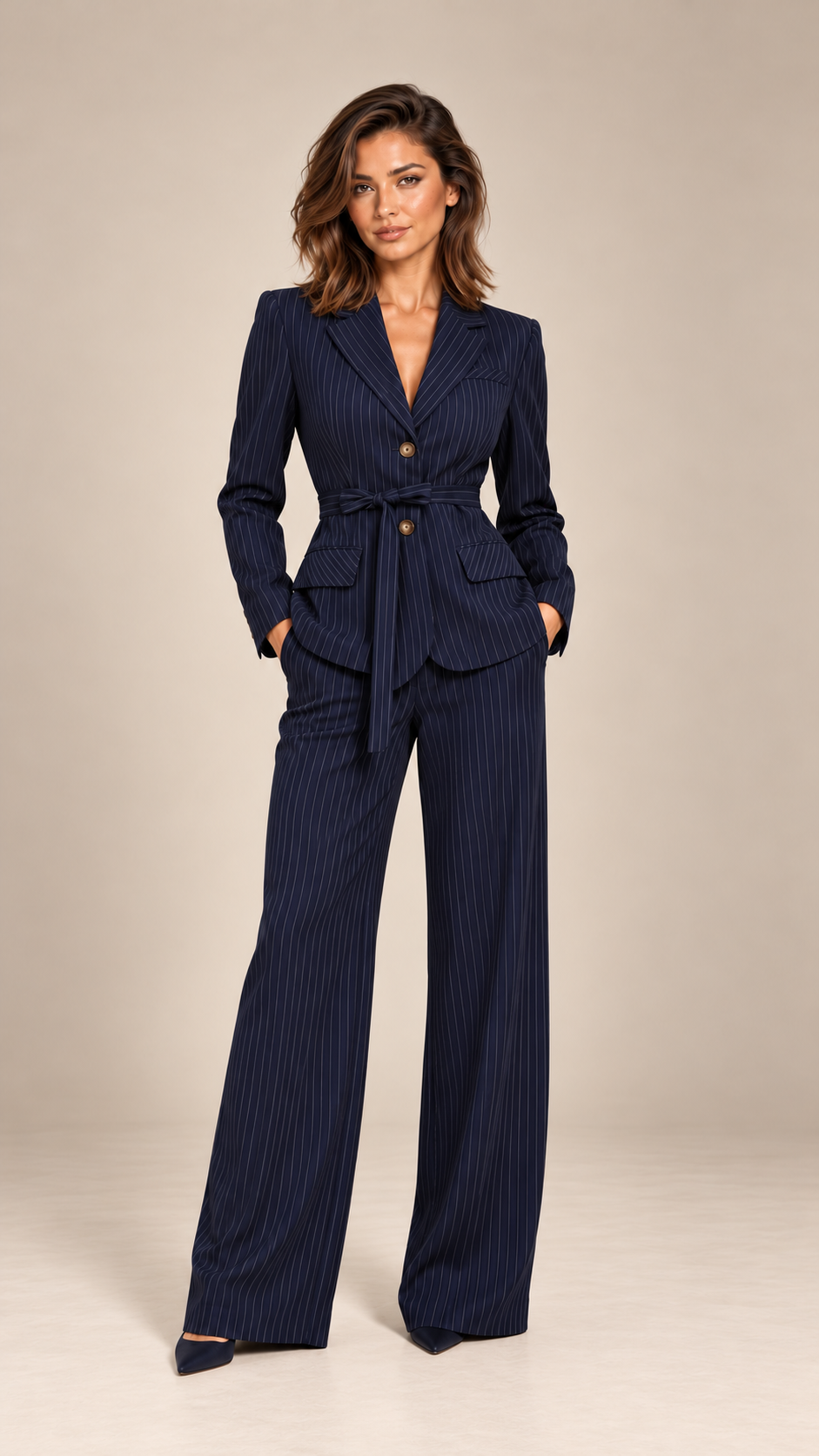 Beatrix Pinstripe Suit Set — Navy blue model front