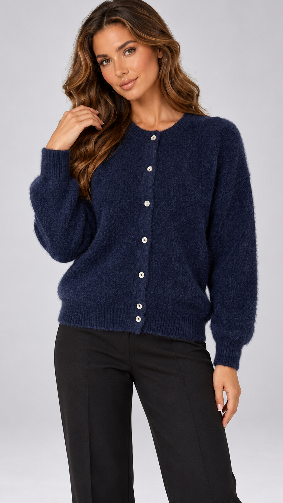 Celestine Shell-Button Cardigan — Navy Blue model front