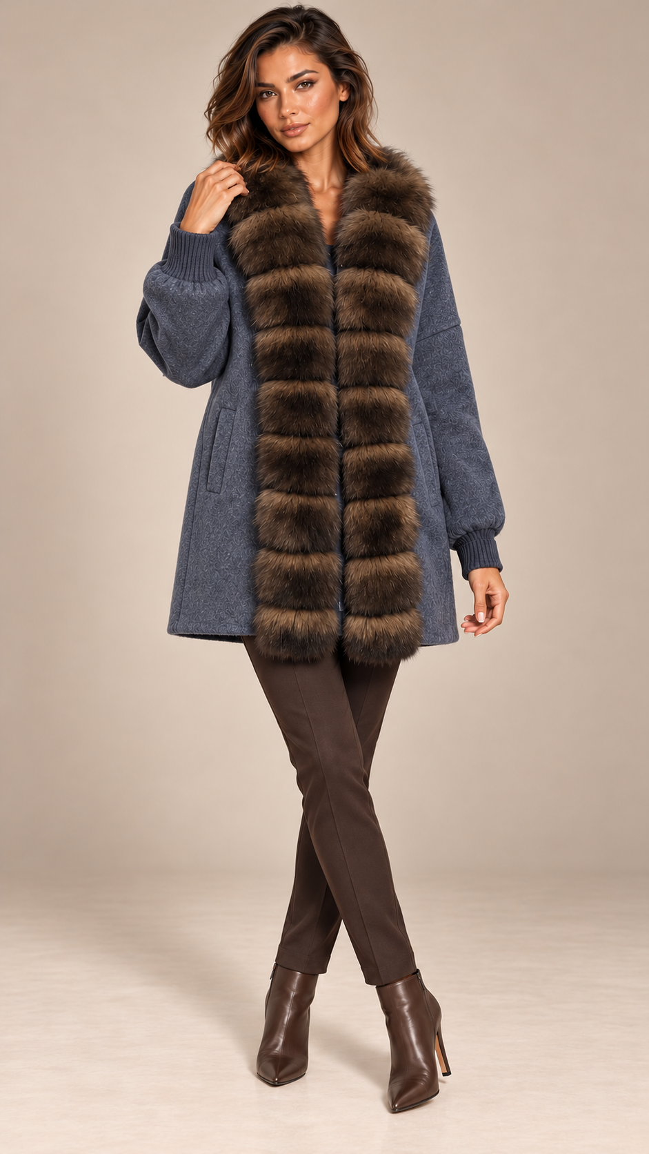 Rhiannon Fur-Placket Coat — Navy blue model front