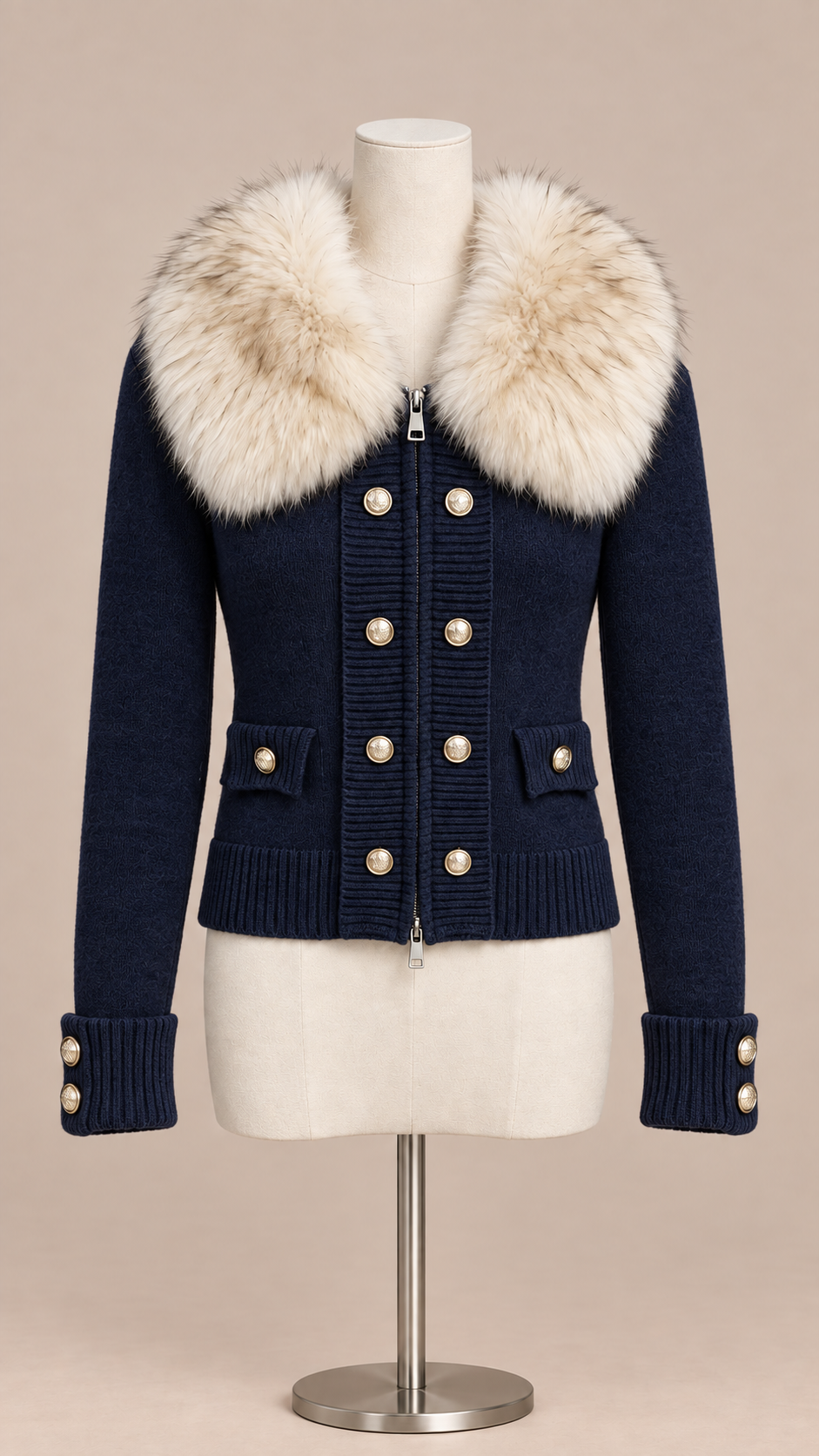 Elodie Fur-Collar Cardigan — Navy mannequin front