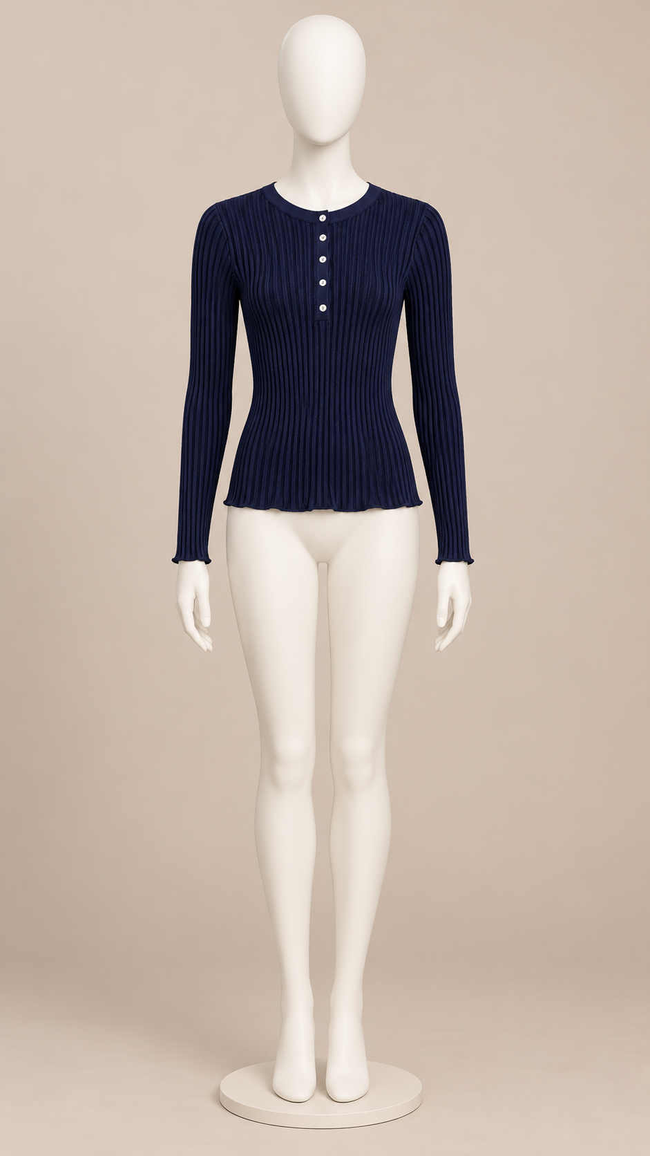 Fenella Ribbed Button Top — Navy mannequin front