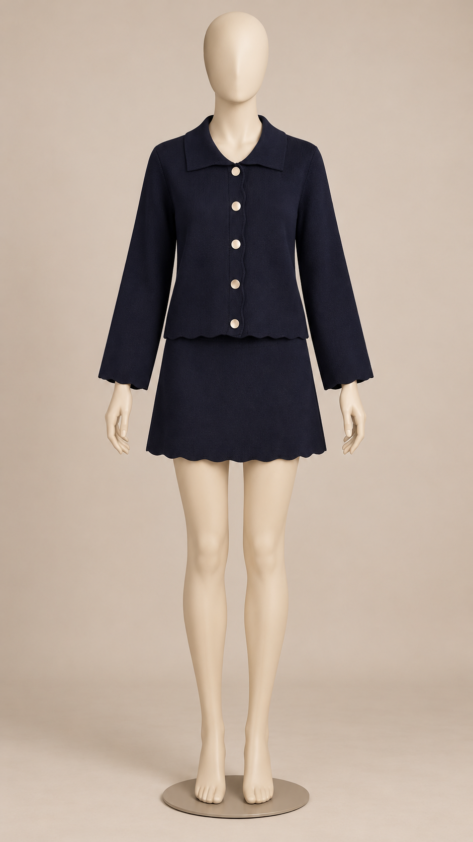 Ingeborg Scallop-Hem Cardigan — Navy mannequin front
