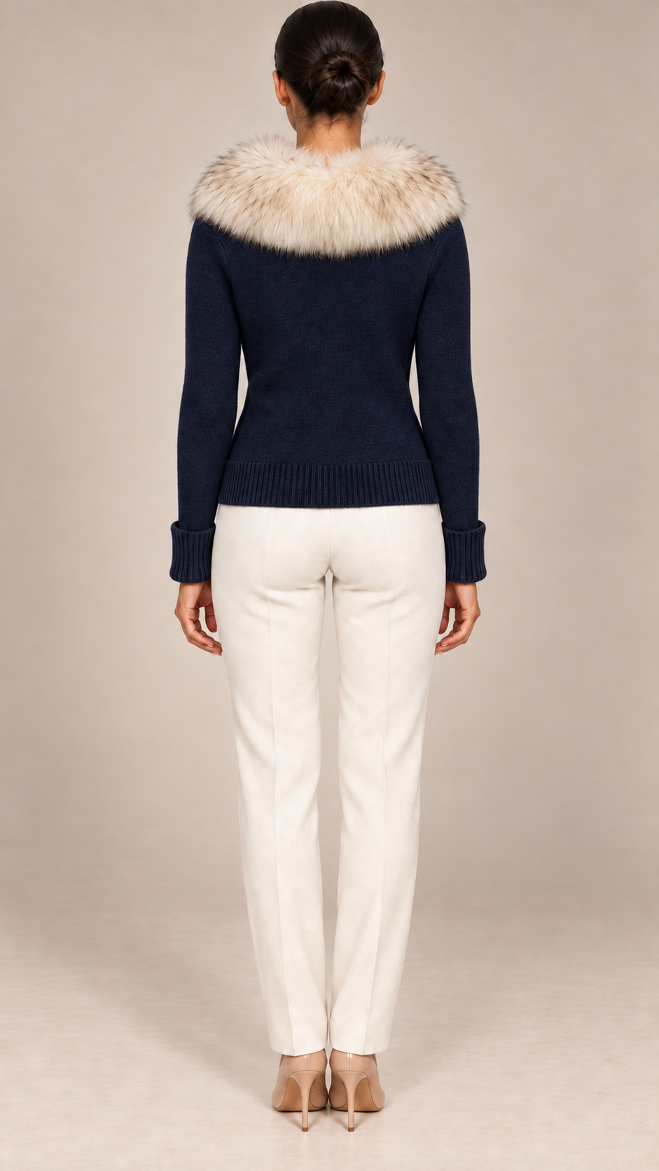Elodie Fur-Collar Cardigan — Navy model back
