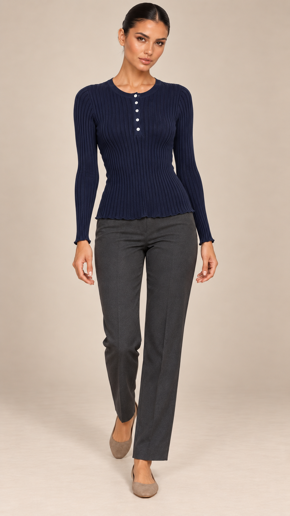 Fenella Ribbed Button Top — Navy model front