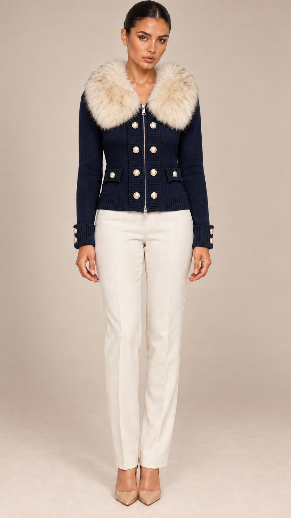 Elodie Fur-Collar Cardigan — Navy model front