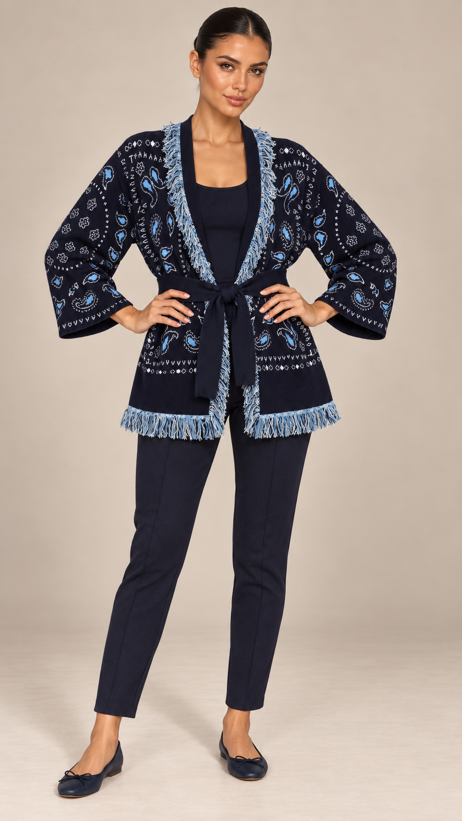 Mathilde Bandana Cardigan — Navy model front
