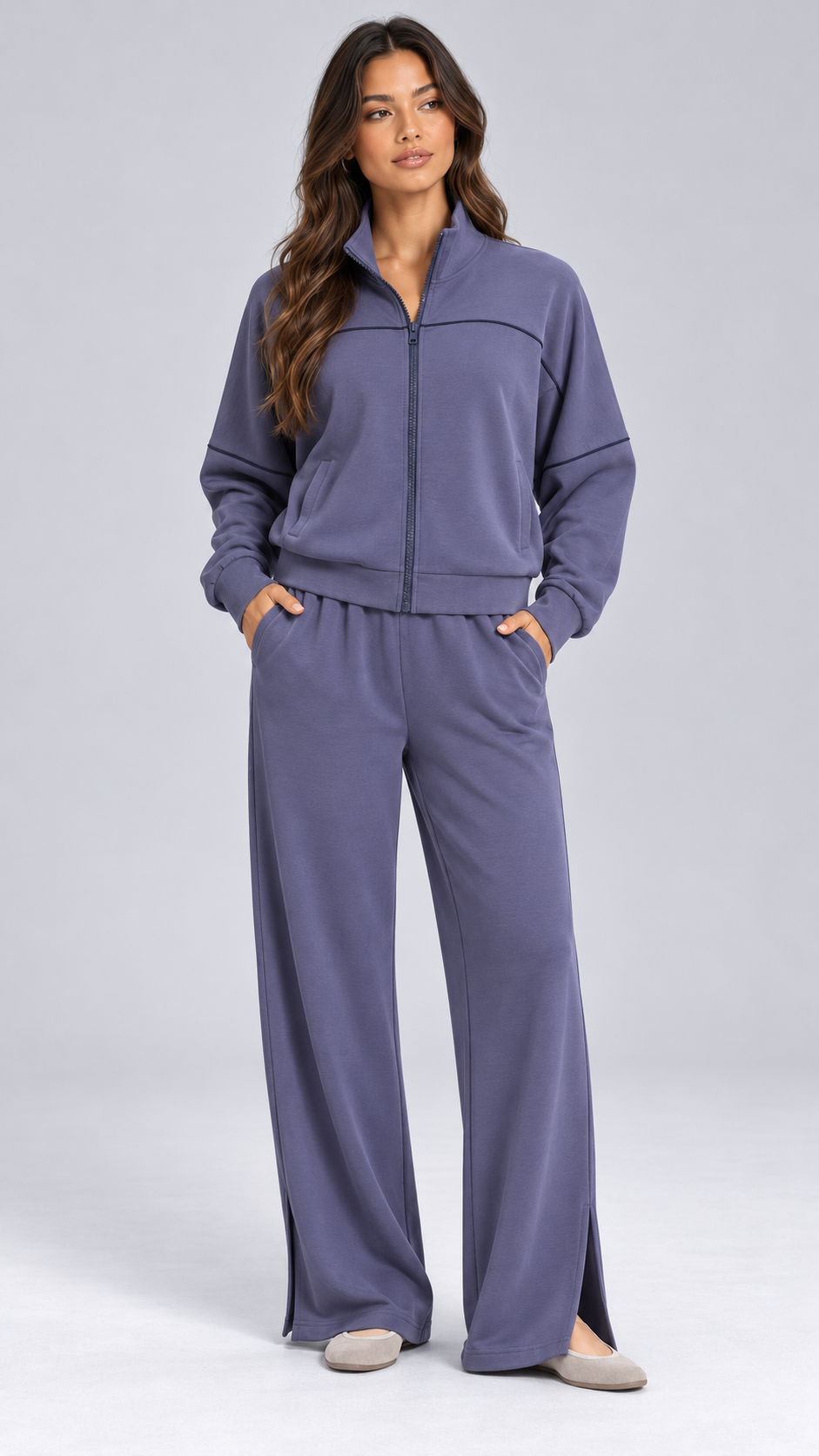 Henna Split-Hem Lounge Set — Night Blue model front
