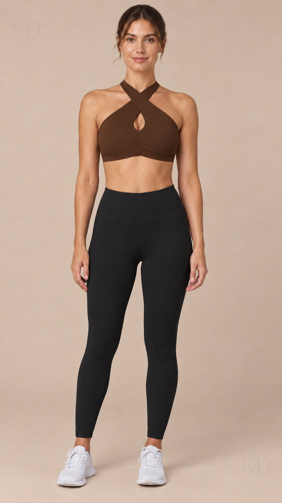 Nova Halter Sports Bra Chocolate Brown front model