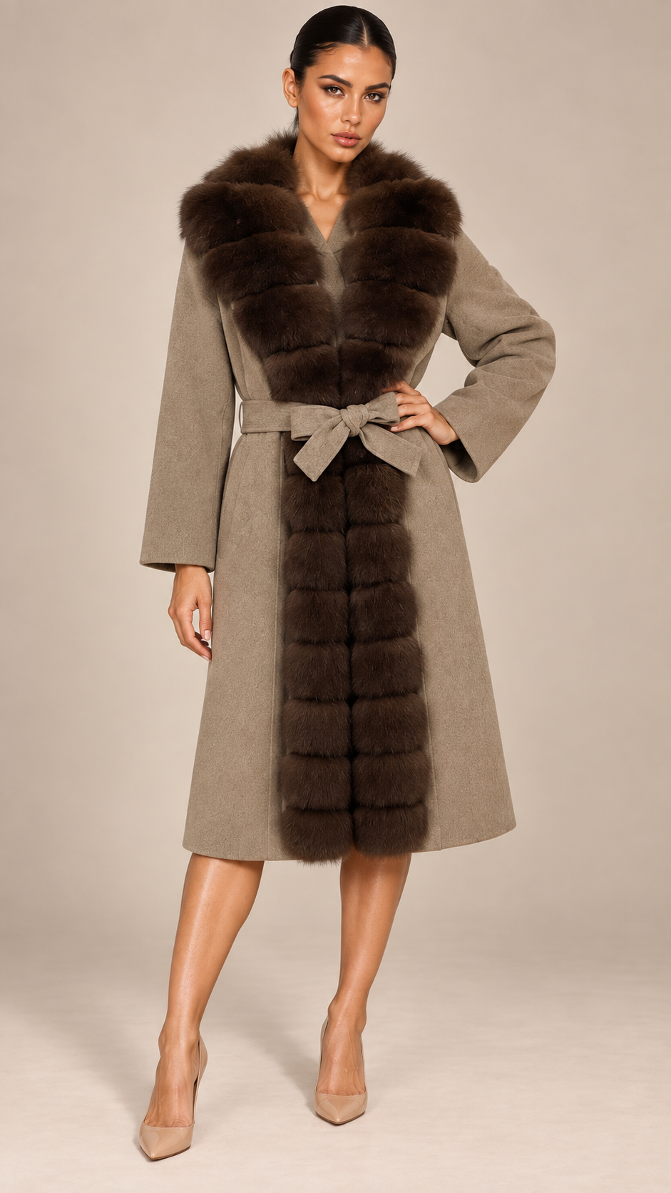 Seraphine Fur Collar Coat — Oat model front