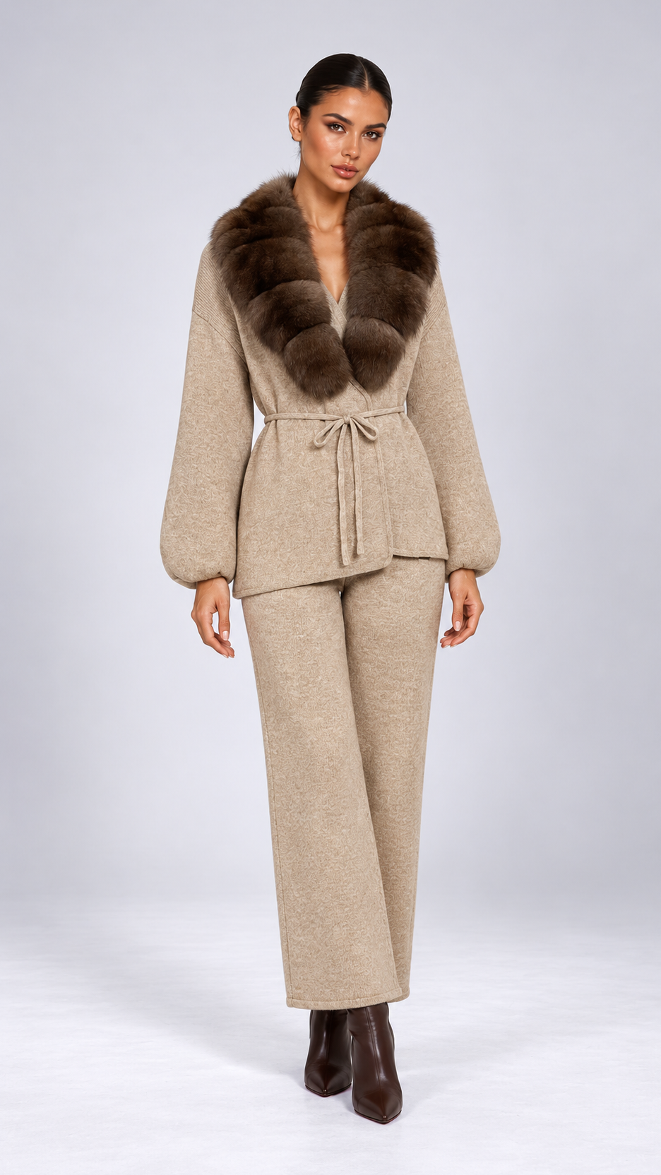 Margit Fox-Collar Knit Set — Oatmeal + Mink model front