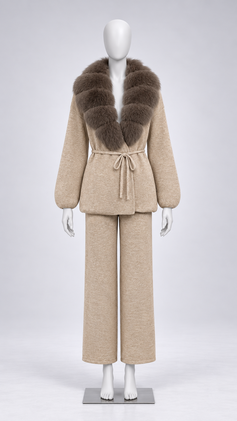 Margit Fox-Collar Knit Set — Oatmeal + Mocha Gray mannequin front