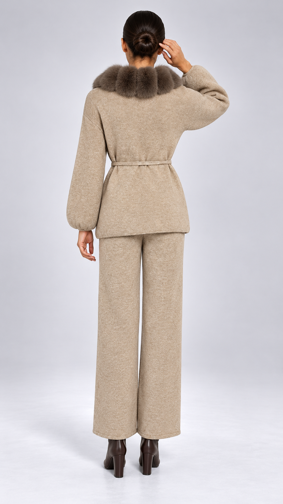 Margit Fox-Collar Knit Set — Oatmeal + Mocha Gray model back
